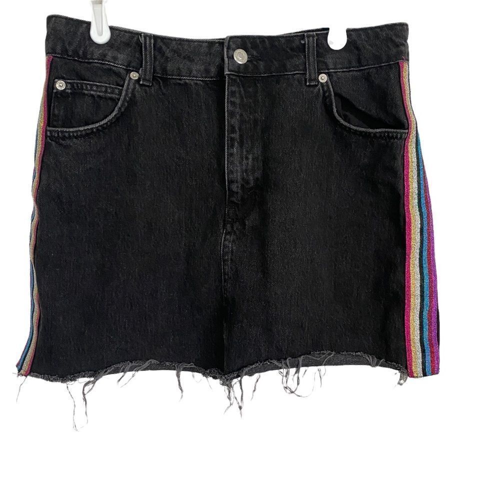 Topshop Moto Denim Skirt‎ Womens 10 Black Rainbow Glitter Stripe Raw Hem Mini